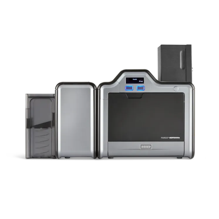 Impressora de cartões PVC HID Fargo HDP5000e vista de frente com lock-hopper